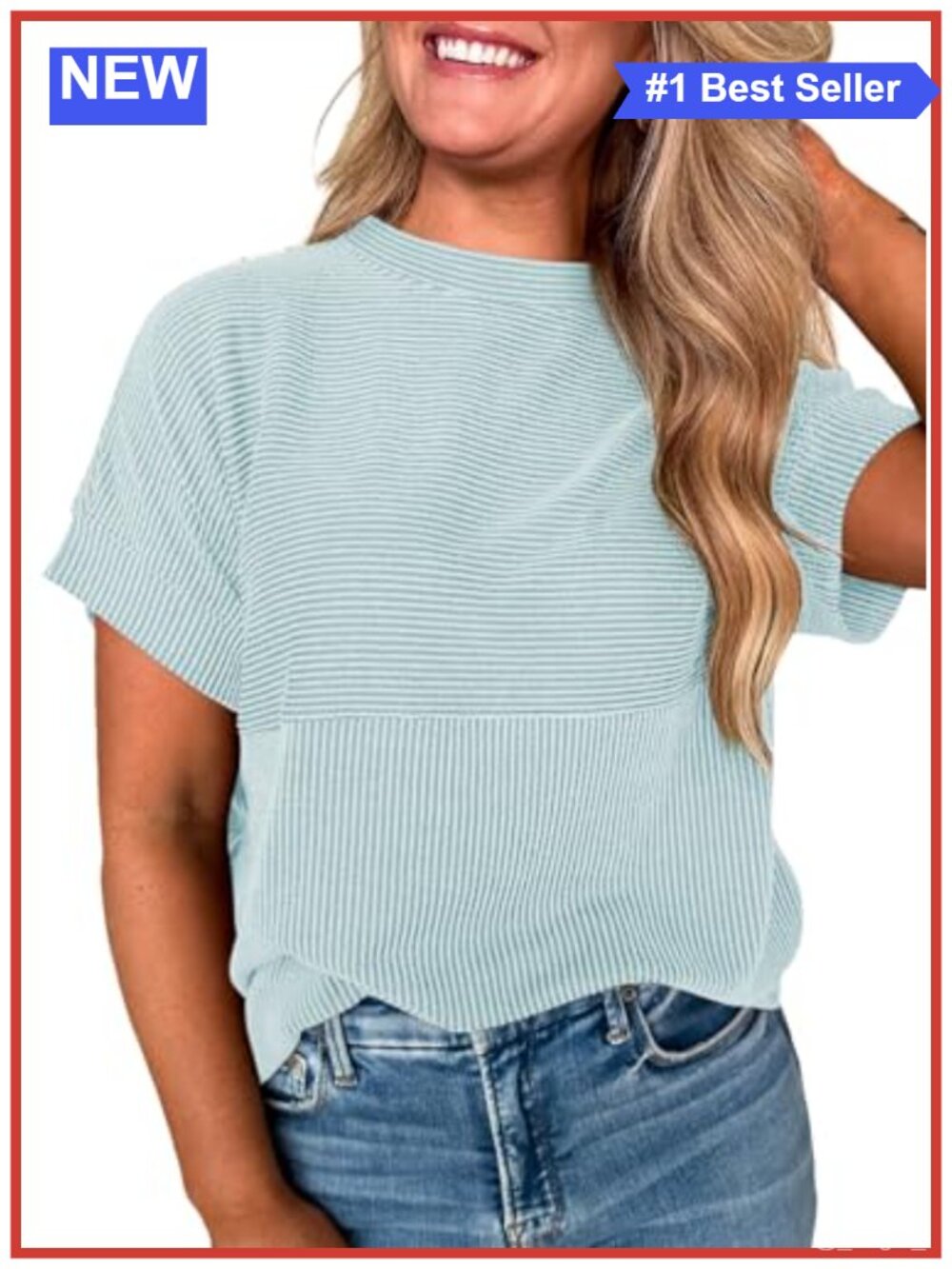 Women's Short Sleeve Crewneck Ribbed Striped T-Shirt Cute Summer Teacher Top